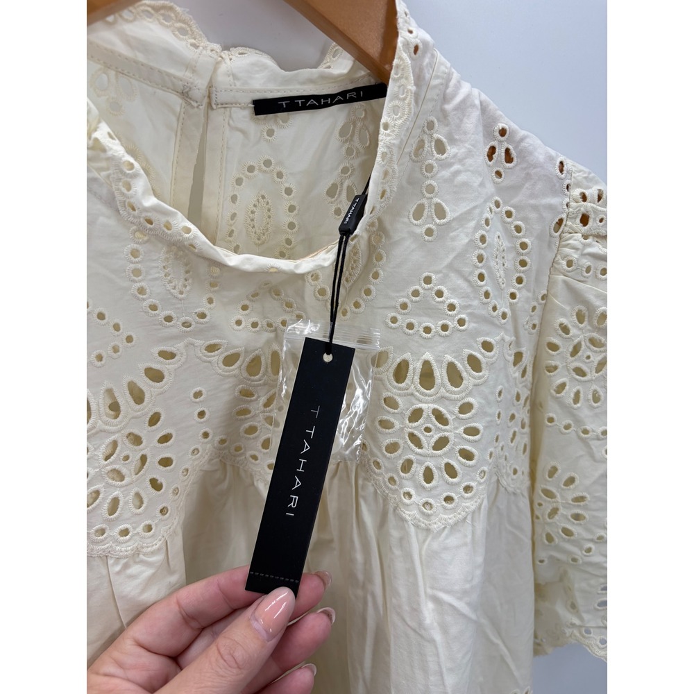 T Tahari Womens Cream Cotton Eyelet Embroidered Mock Neck Blouse Small NWT - Picture 7 of 12